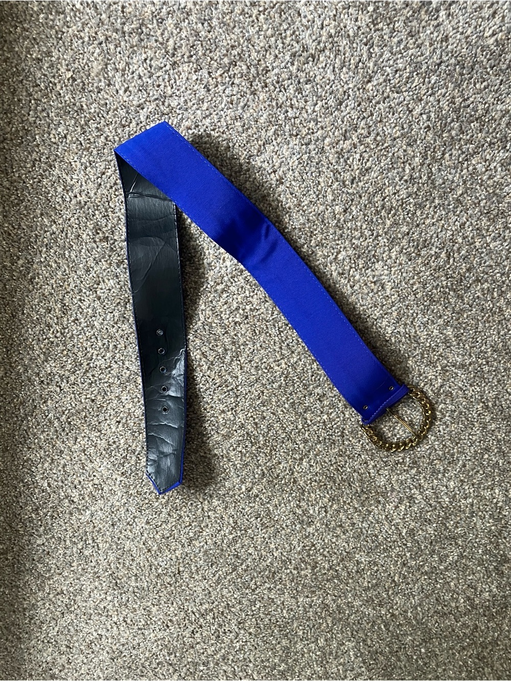 Royal Blue Fabric Belt with Black Leather Backing and Gold Chain Ring
